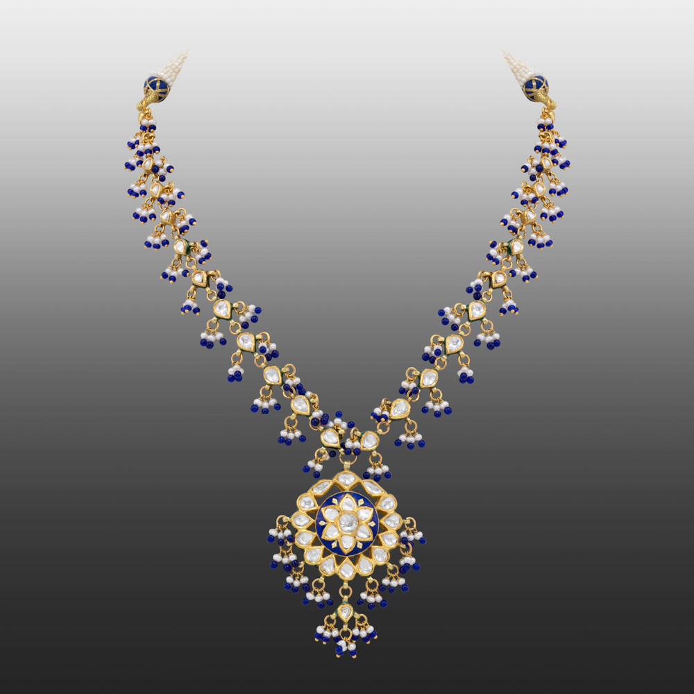 Blue Enamel Polki Necklace with Pearl and Bead Accents